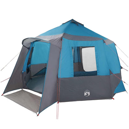 Zijaanzicht van de vidaXL Cabin Tent in blauw en grijs met open ingang.