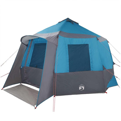 Detail van de vidaXL Cabin Tent in blauw en grijs, zijaanzicht met open ingang.