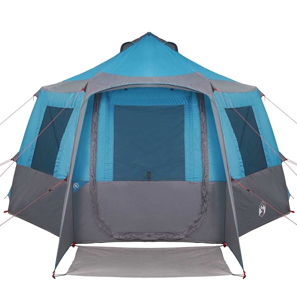 Zijaanzicht van de vidaXL Cabin Tent in blauw en grijs met open ingang.