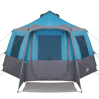 Zijaanzicht van de vidaXL Cabin Tent in blauw en grijs met open ingang.