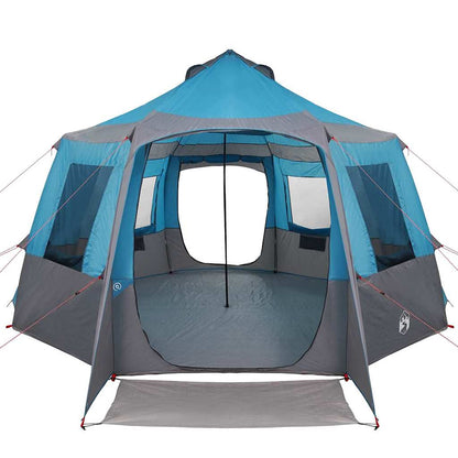 Zijaanzicht van de vidaXL Cabin Tent in blauw en grijs, met ruime binnenruimte en ventilatieopeningen.