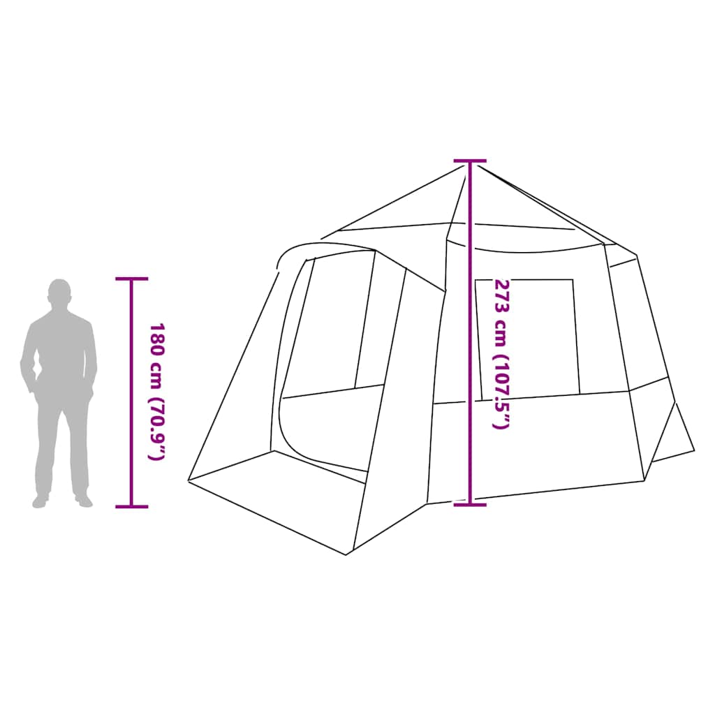 Detail van de vidaXL Cabin Tent met afmetingen en zijaanzicht van de ingang.