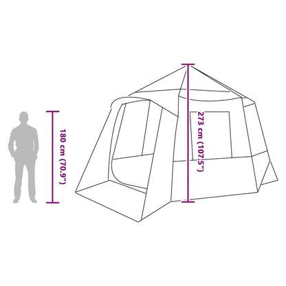 Detail van de vidaXL Cabin Tent met afmetingen en zijaanzicht van de ingang.