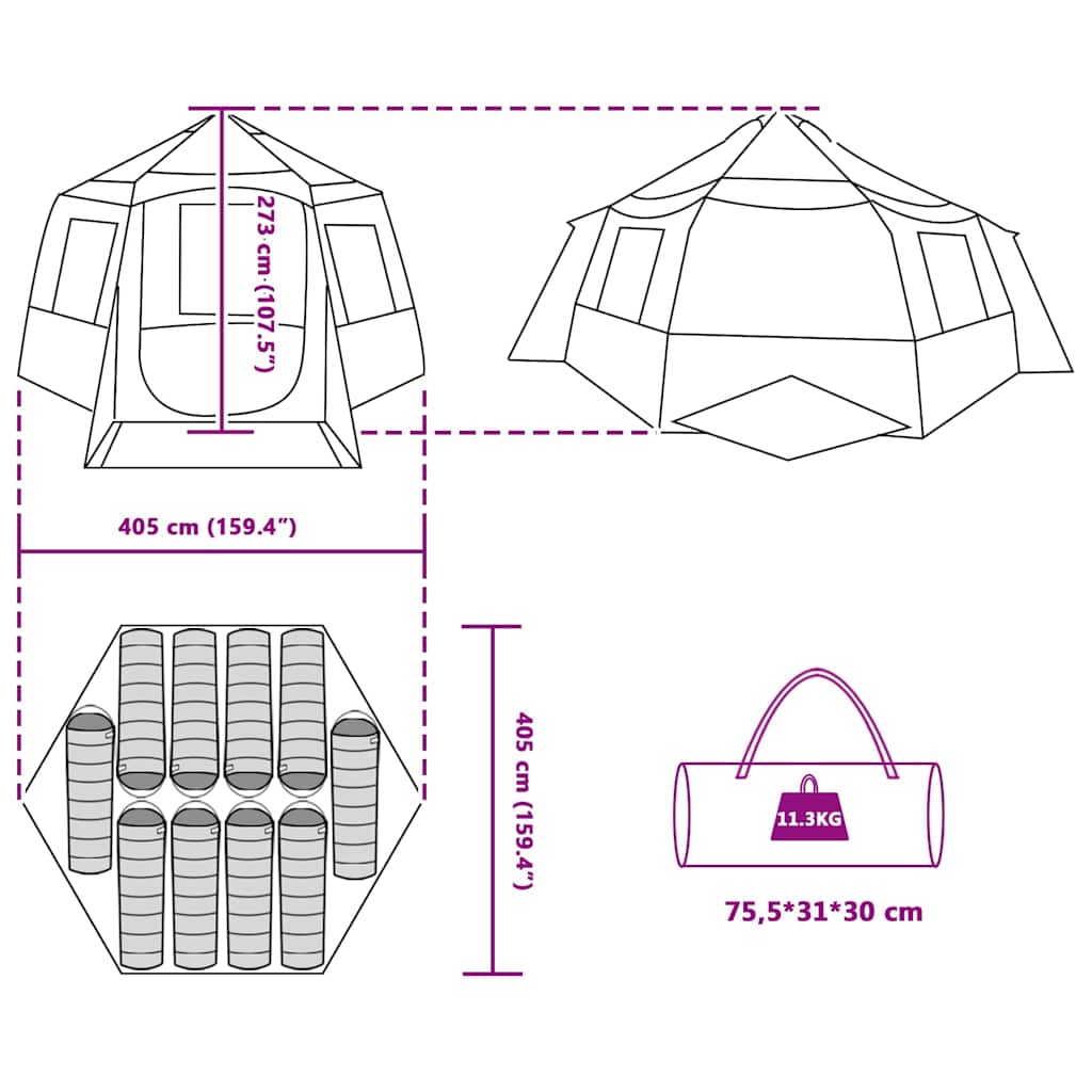 Detail van de afmetingen en indeling van de vidaXL Cabin Tent voor 12 personen.