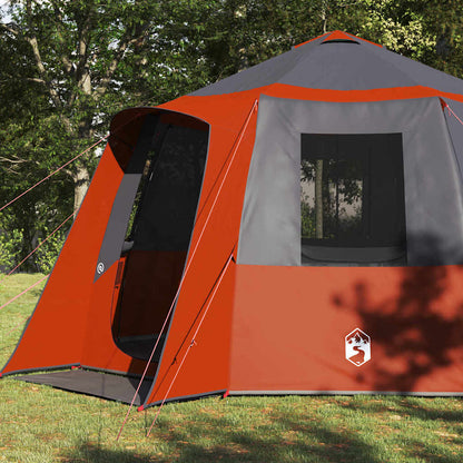 Detail van de vidaXL Cabin Tent in grijs en oranje, met open deur en venster.