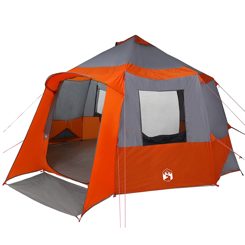 Zijaanzicht van de vidaXL Cabin Tent 12-Person in grijs en oranje met open ingang.