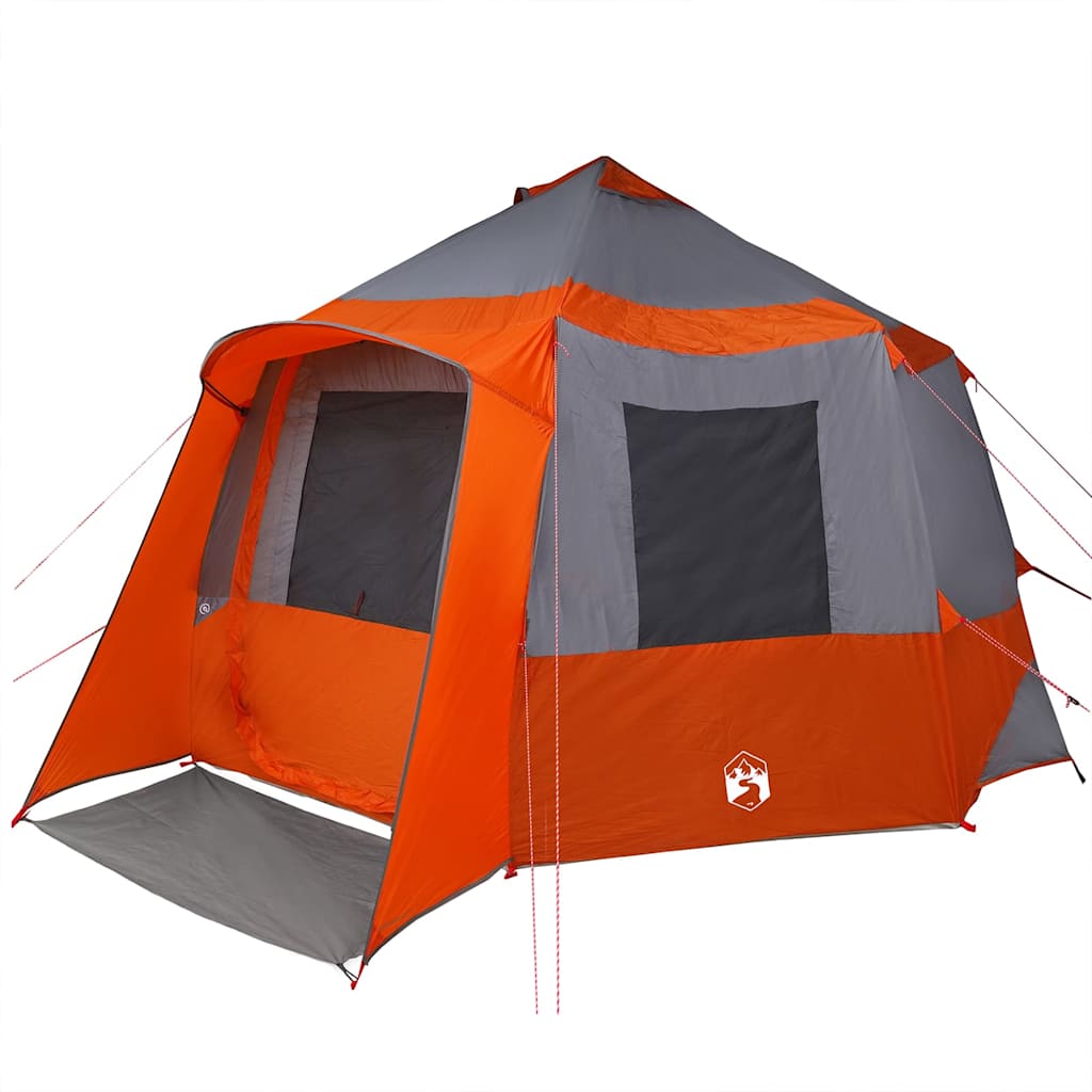 Detail van de grijs-oranje vidaXL Cabin Tent met open ingang en ventilatieroosters.