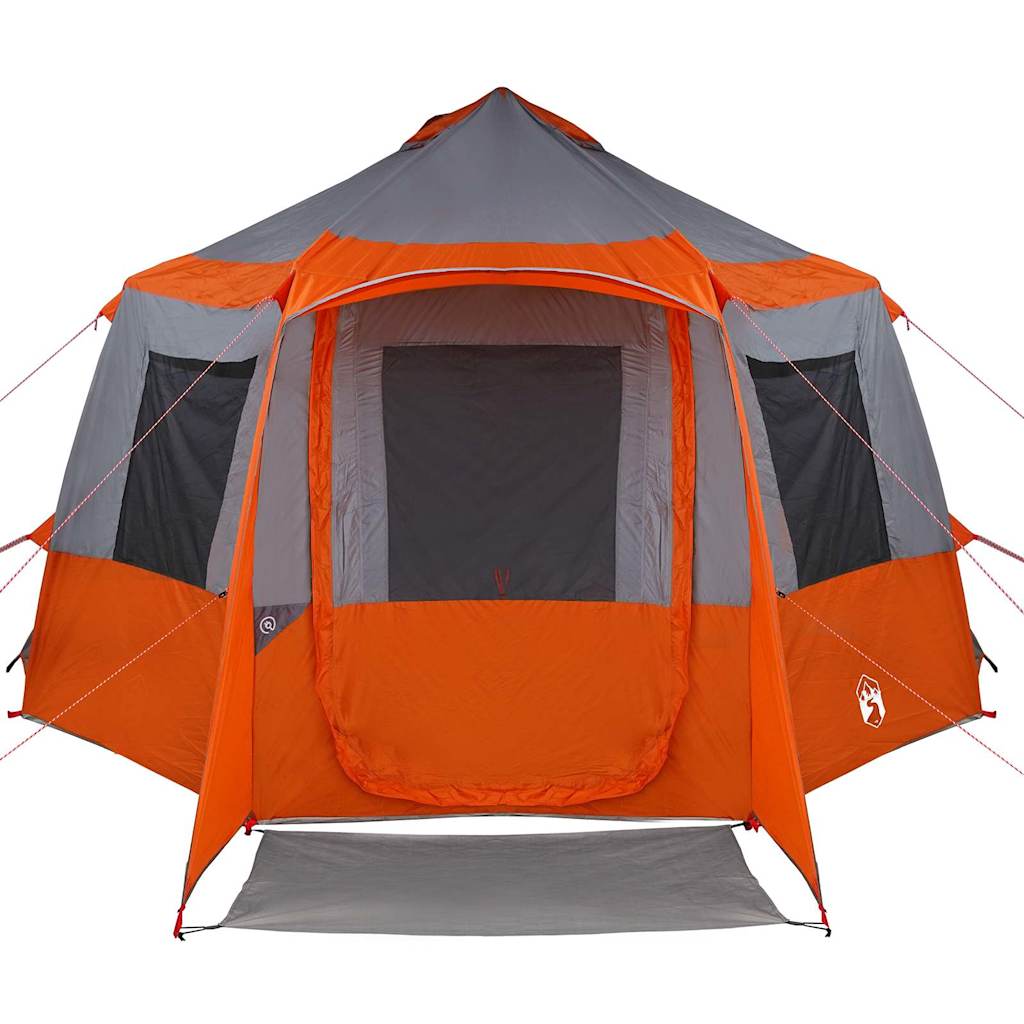 Detail van de grijs-oranje vidaXL Cabin Tent met open ingang en gaasramen.