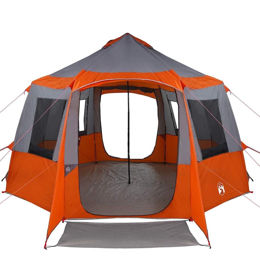 Zijaanzicht van de vidaXL Cabin Tent 12-Person in grijs en oranje met open ingangen.