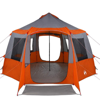 Zijaanzicht van de vidaXL Cabin Tent 12-Person in grijs en oranje met open ingangen.