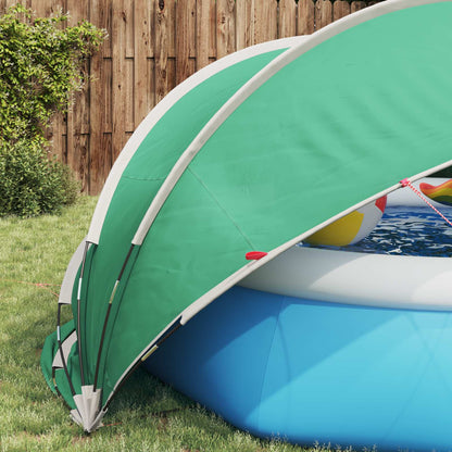 Detail van de vidaXL Pooldome met groene bekleding, bevestigd aan een opblaasbaar zwembad.
