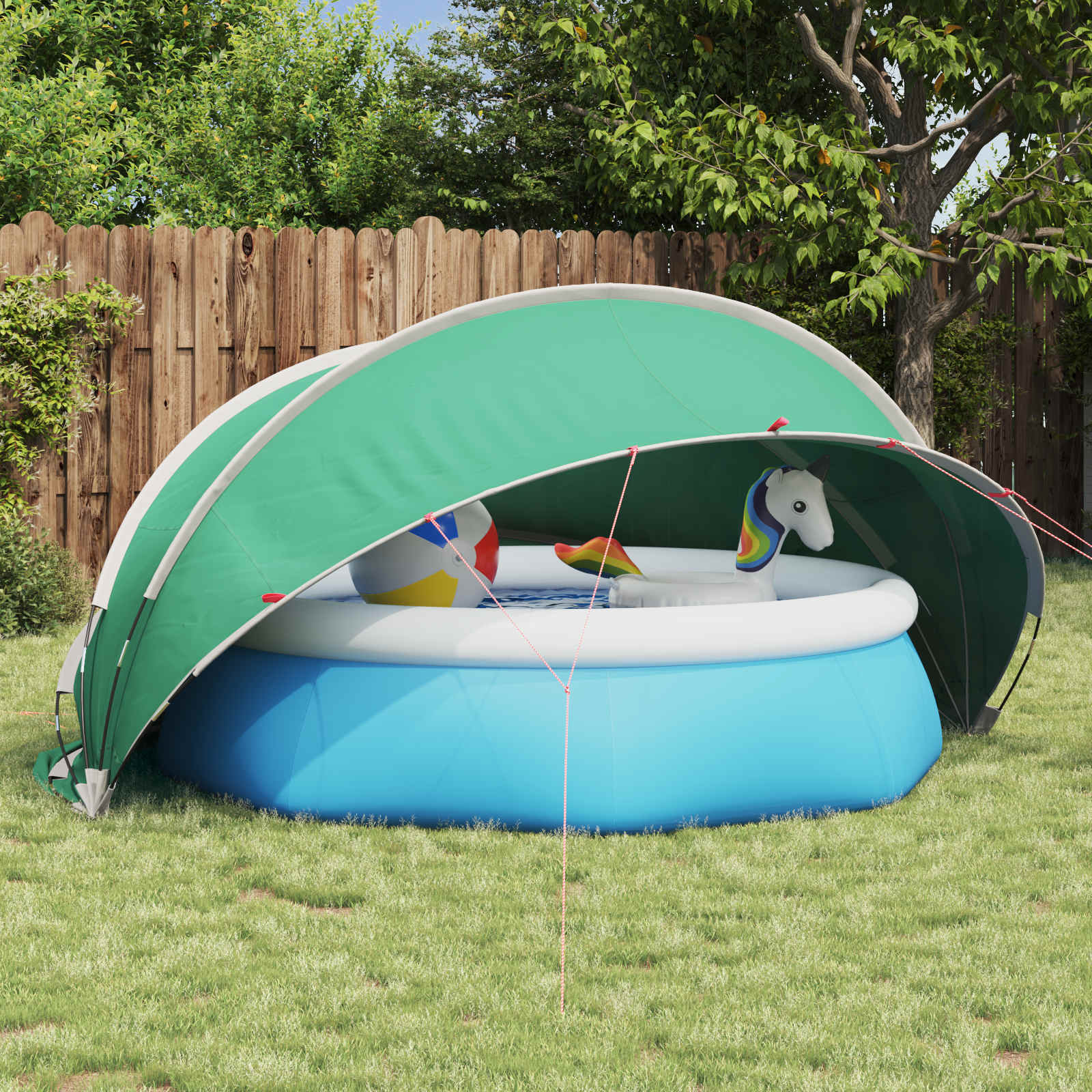 Blauwe vidaXL Pooldome met groene top, geplaatst boven een opblaasbaar zwembad in de tuin.