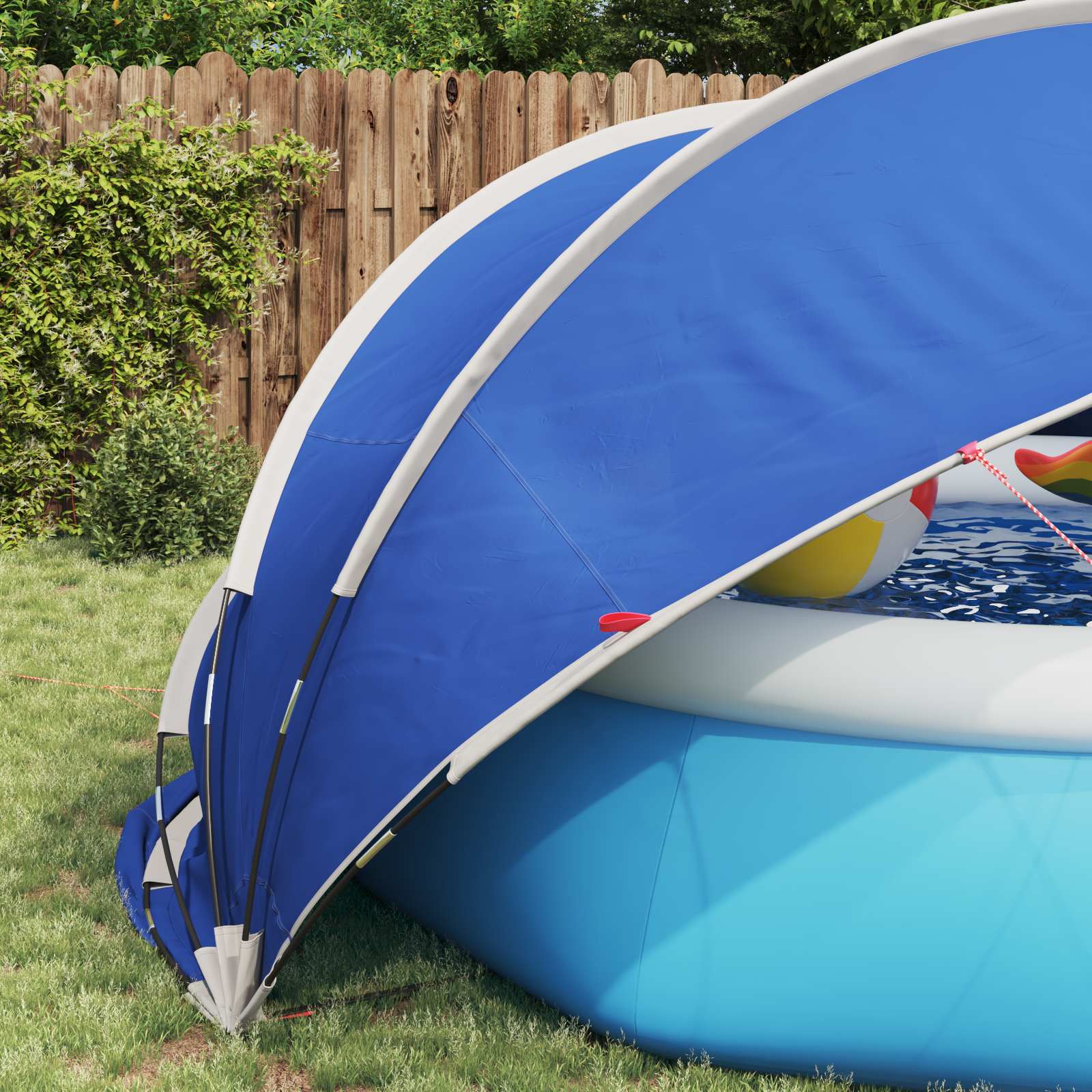 Detail van de blauwe vidaXL Pooldome, met opgevouwen zijkant en zwembad op de achtergrond.