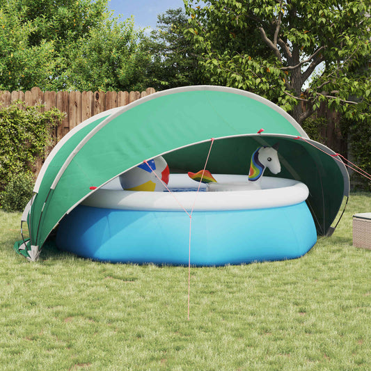 Blauwe vidaXL Pooldome 405 x 405 x 192 cm met groene bescherming boven een zwembad.
