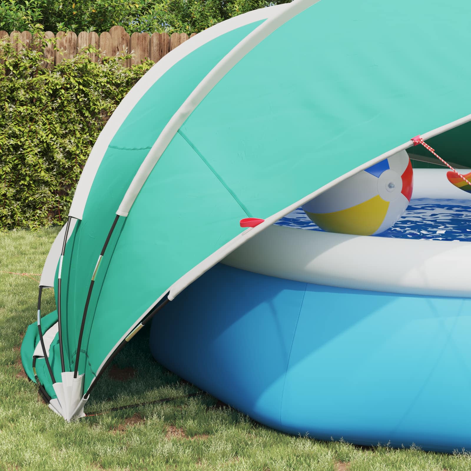 Detail van de vidaXL Pooldome met een opblaasbaar zwembad en kleurrijke strandbal.