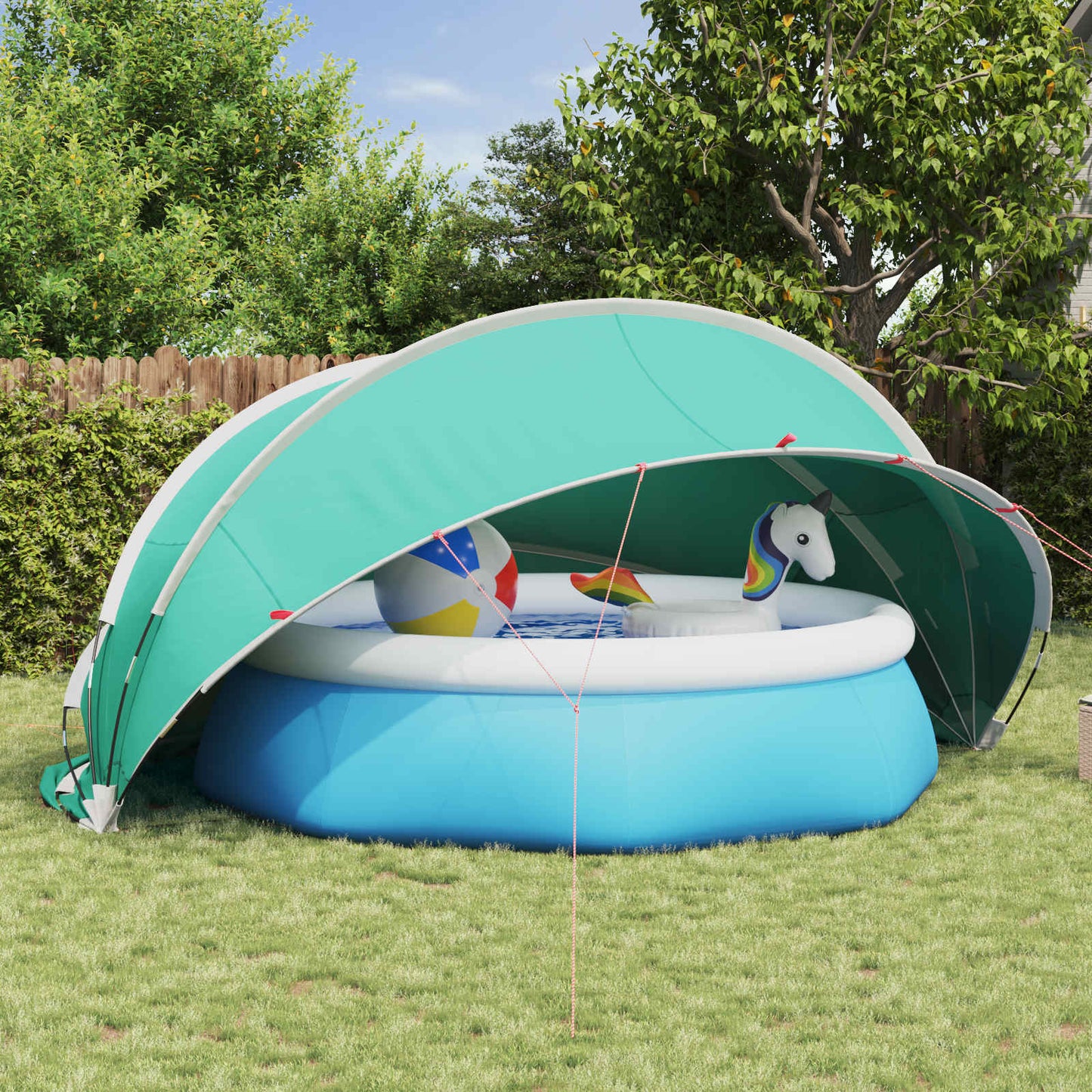 Blauwe vidaXL Pooldome met robuuste constructie, geplaatst boven een zwembad in de tuin.