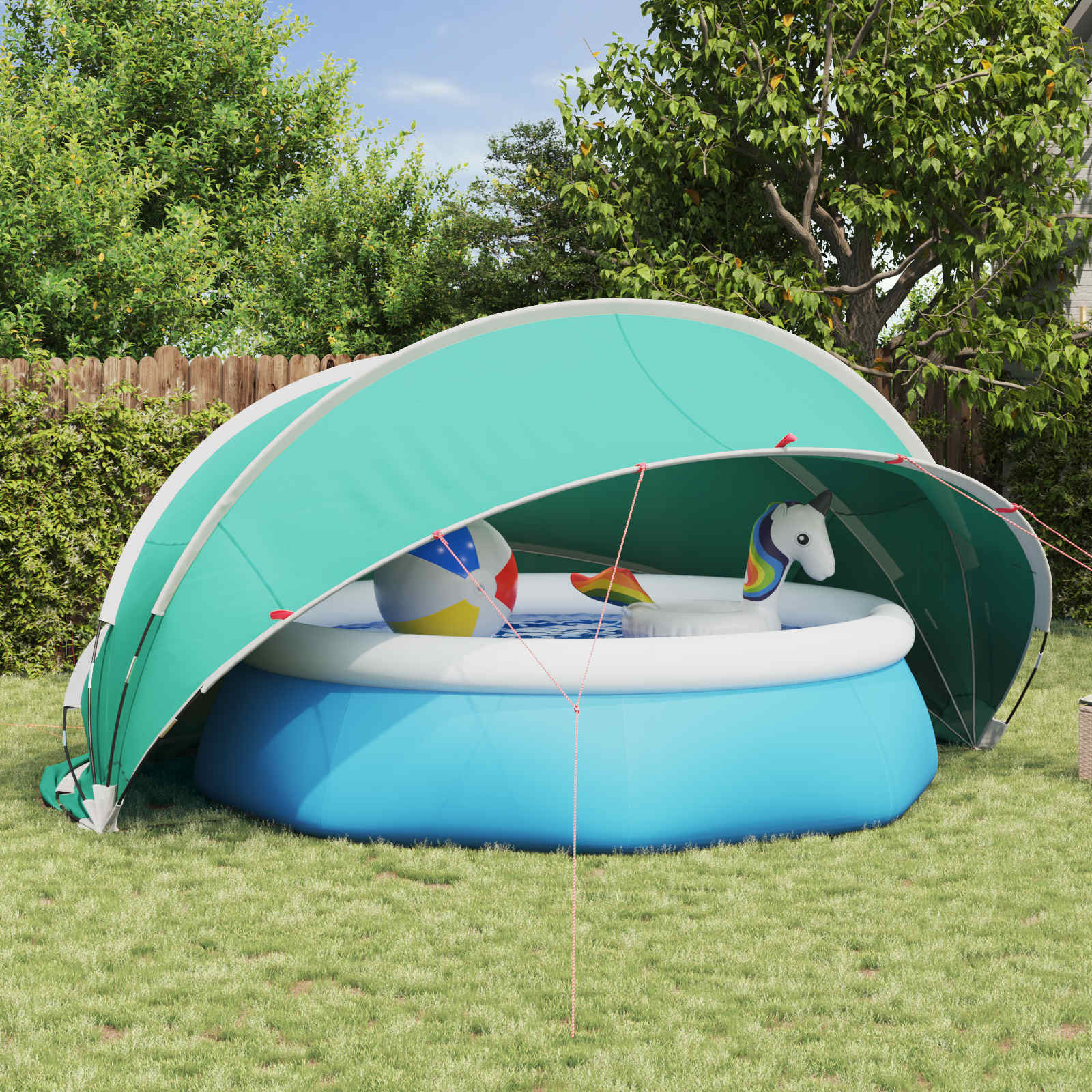Blauwe vidaXL Pooldome met robuuste constructie, geplaatst boven een zwembad in de tuin.
