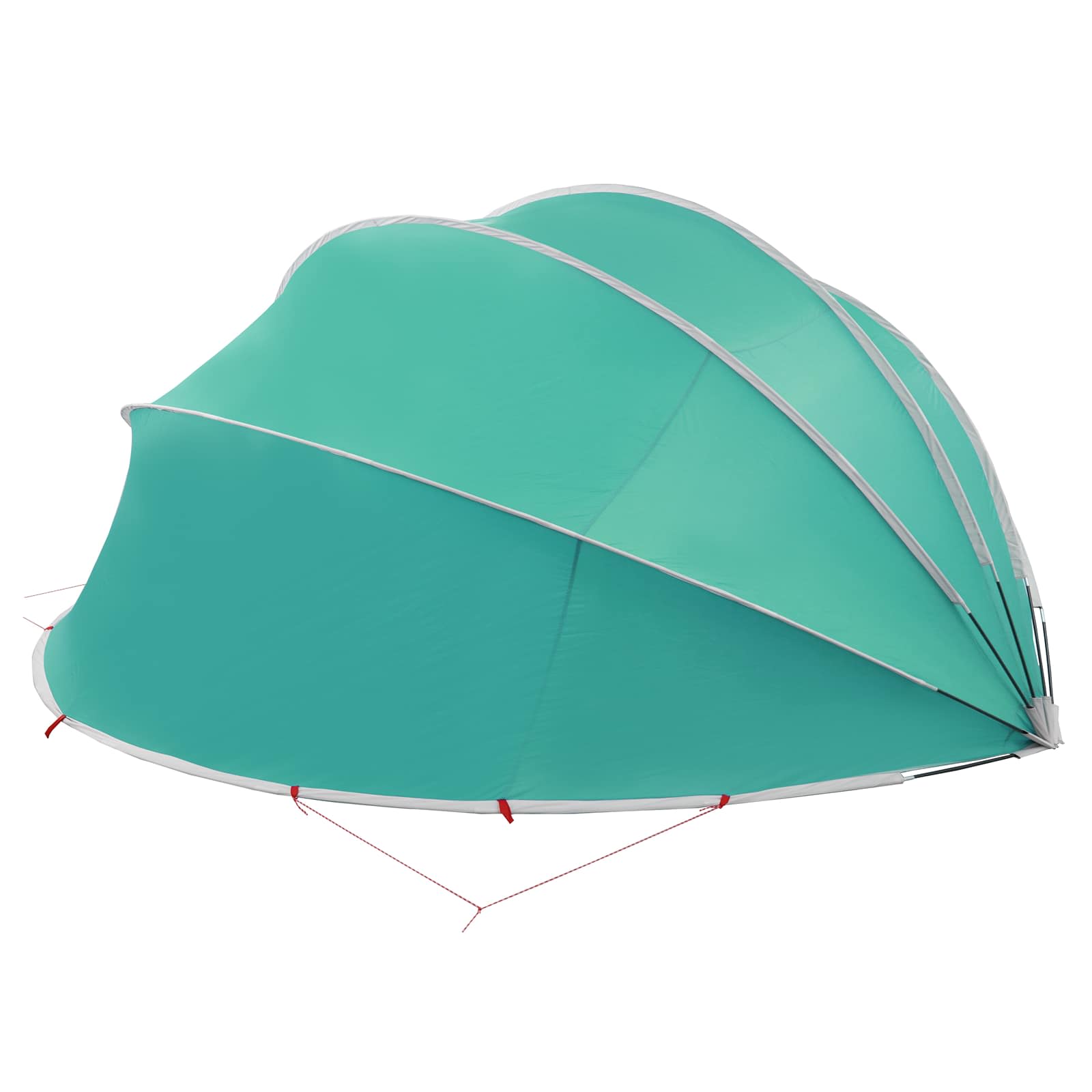 Zijaanzicht van de vidaXL Pooldome in blauw, met opgerolde delen en bevestigingslijnen.
