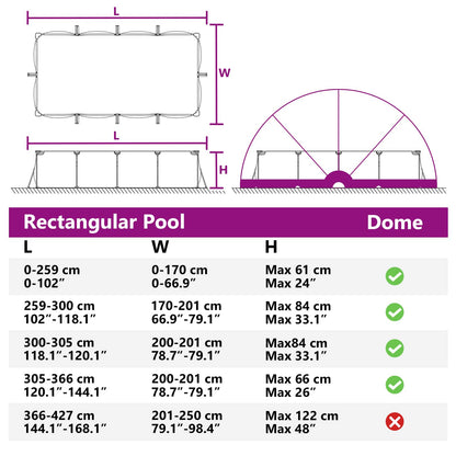 Detail van de afmetingen en specificaties voor de vidaXL Pooldome zwembadkoepel.