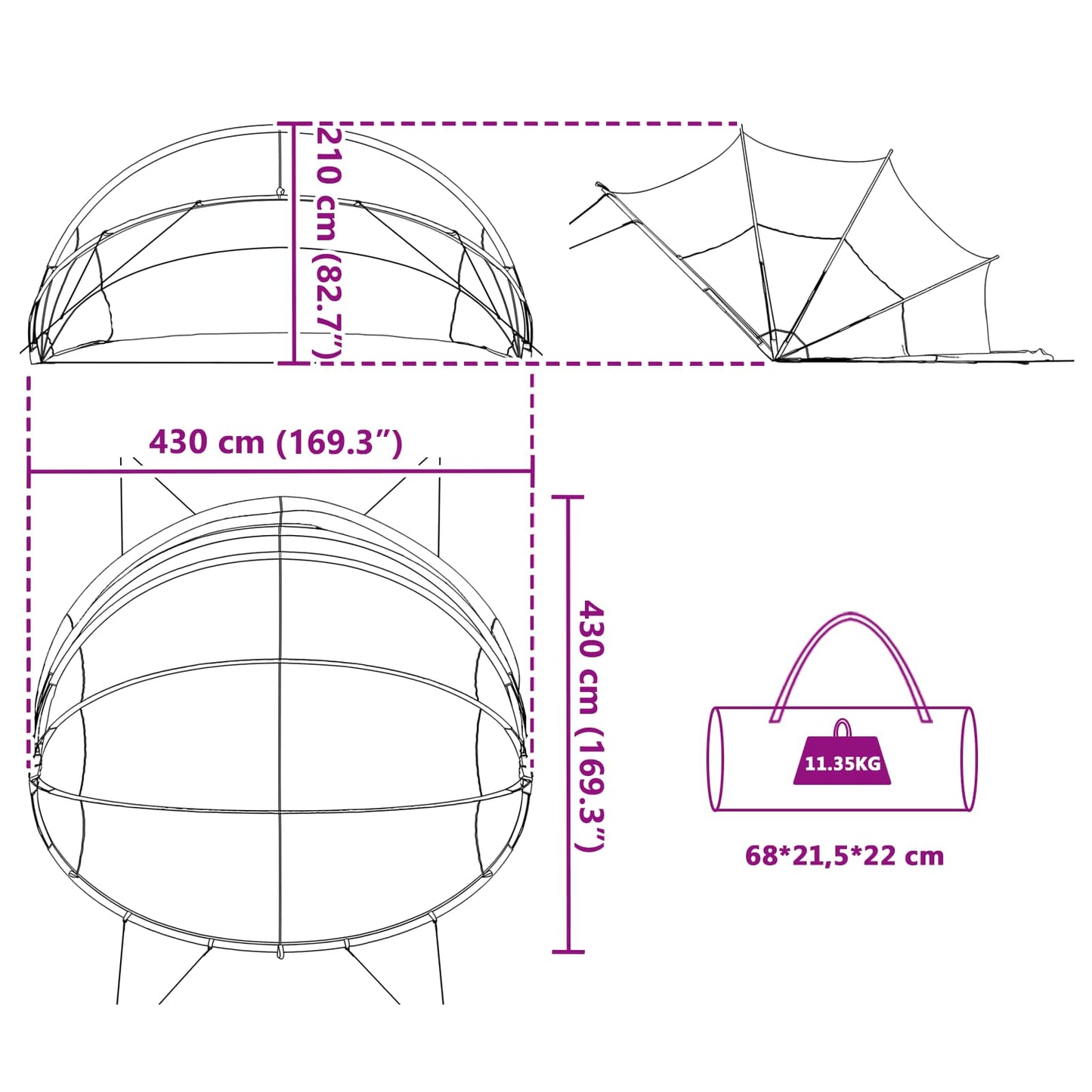 Detailtekening van de vidaXL Pooldome met afmetingen en opvouwbaar ontwerp.