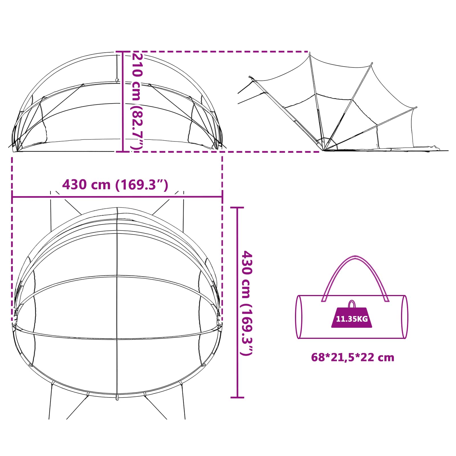 Detailtekening van de vidaXL Pooldome met afmetingen en opvouwbaar ontwerp.