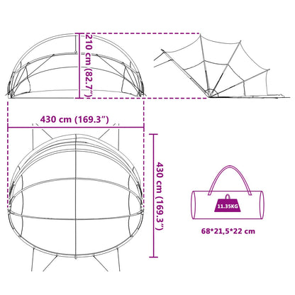 Detailtekening van de vidaXL Pooldome met afmetingen en opvouwbaar ontwerp.