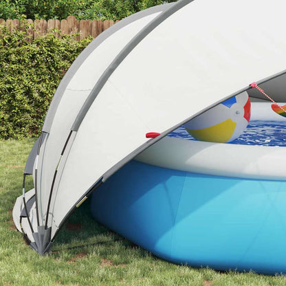Detail van de vidaXL Pooldome in grijs en oranje, met een zwembad en een strandbal.