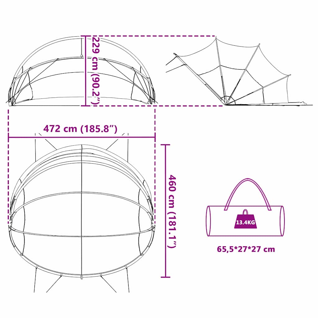 Detail van de vidaXL Pooldome met afmetingen en draagtas voor eenvoudig transport.