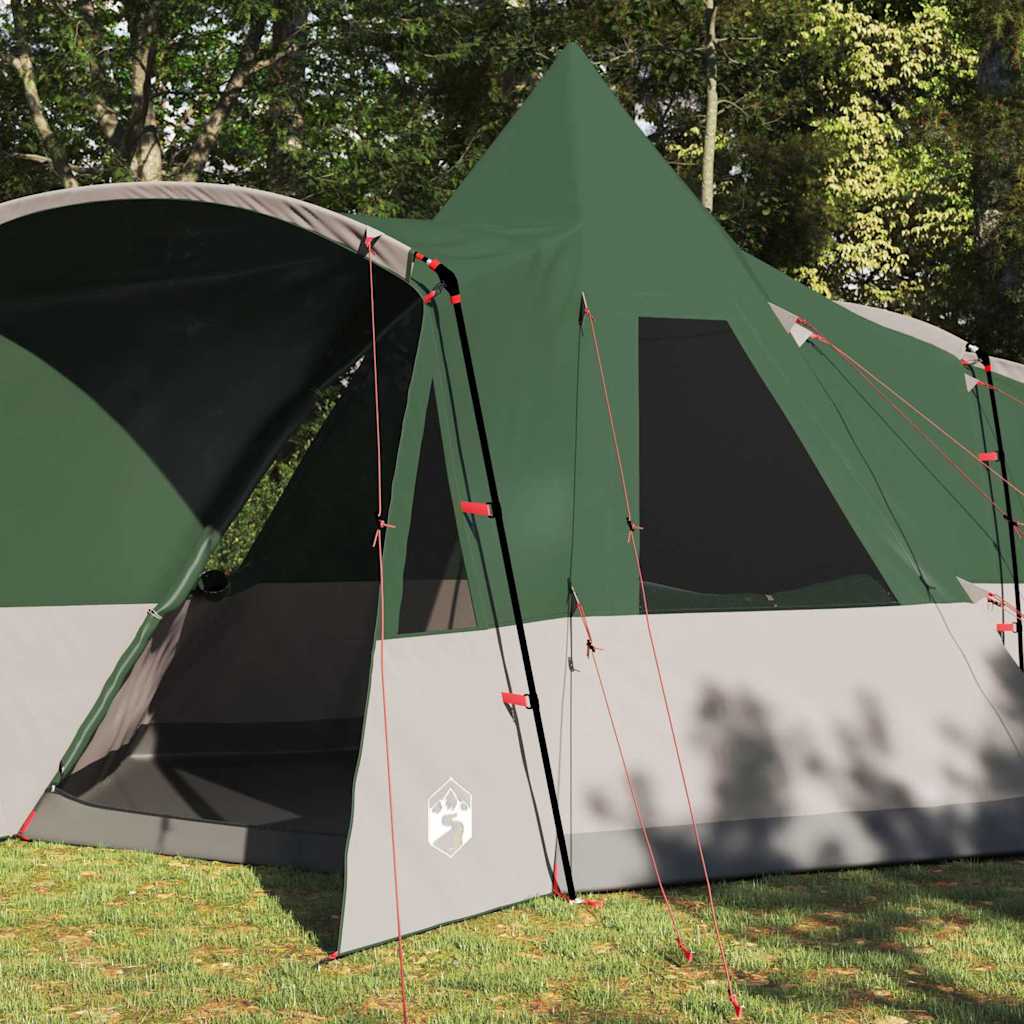 Detail van de vidaXL Teepee Tent met groene en grijze kleuren, zijaanzicht met open ingang.