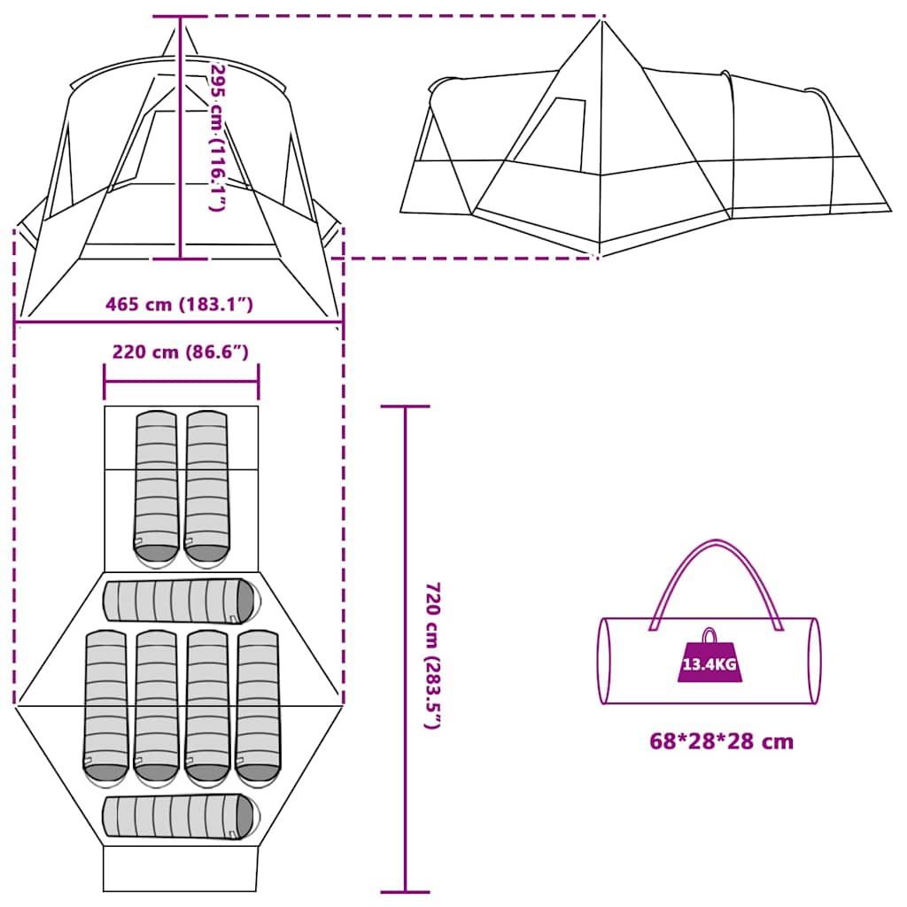 Detail van de afmetingen en indeling van de vidaXL Teepee Tent voor 8 personen.
