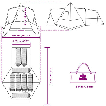 Detail van de afmetingen en indeling van de vidaXL Teepee Tent voor 8 personen.