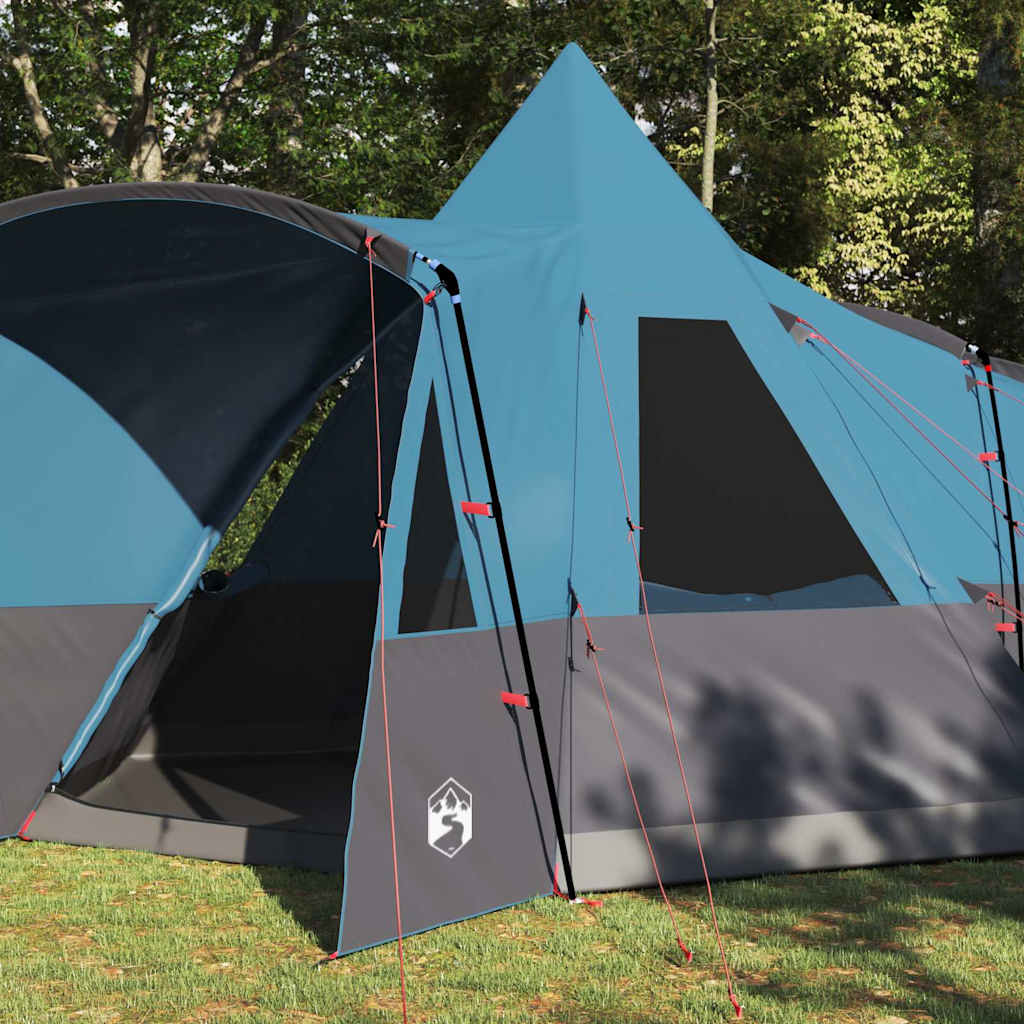 Detail van de blauwe vidaXL Teepee Tent met zijaanzicht en ingangen.