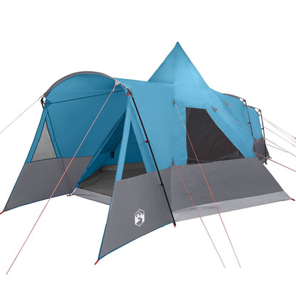 Zijaanzicht van de blauwe vidaXL Teepee Tent met meerdere ingangen en ventilatieroosters.