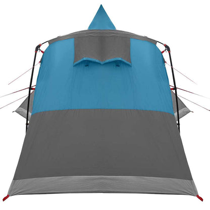 Detail van de blauwe vidaXL Teepee Tent met grijze onderzijde en puntdak.