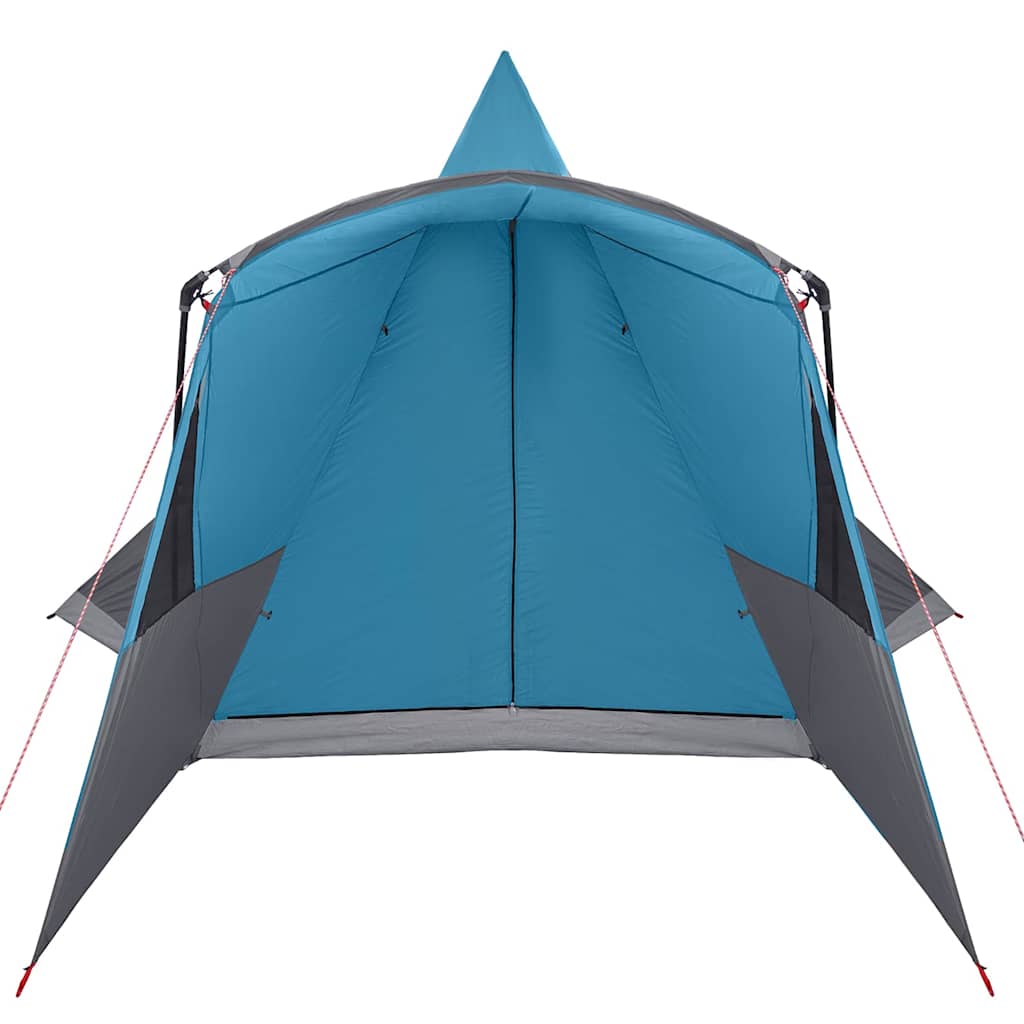 Zijaanzicht van de vidaXL Teepee Tent in blauw met grijze details en een puntdak.