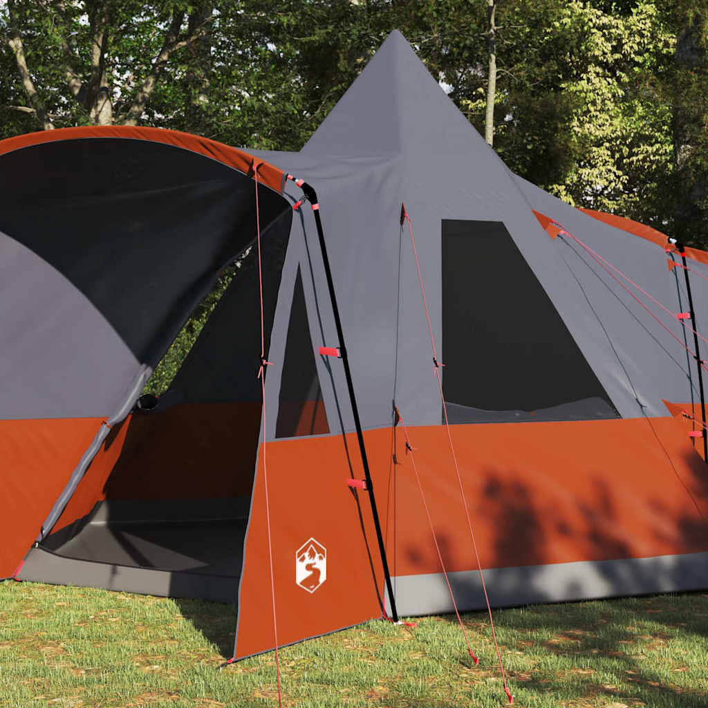 Detail van de vidaXL Teepee Tent in grijs en oranje, met open ingang en ventilatieroosters.