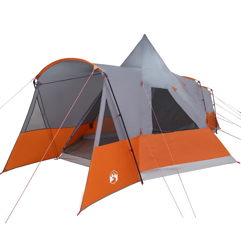 Zijaanzicht van de vidaXL Teepee Tent in grijs en oranje met open ingangen.