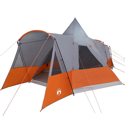 Zijaanzicht van de vidaXL Teepee Tent in grijs en oranje met open ingangen.