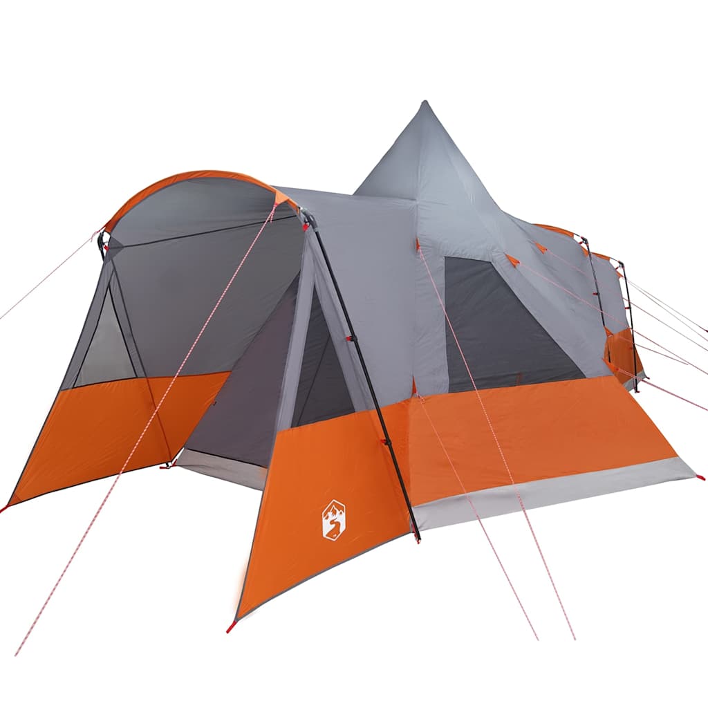 Zijaanzicht van de vidaXL Teepee Tent in grijs en oranje met open ingang.