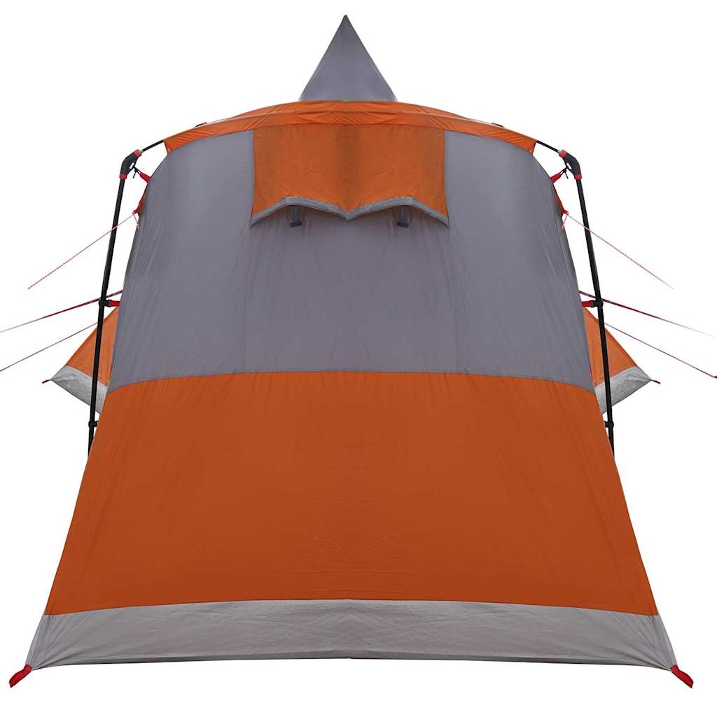Detail van de grijze en oranje vidaXL teepee tent, zijaanzicht met ventilatierooster.
