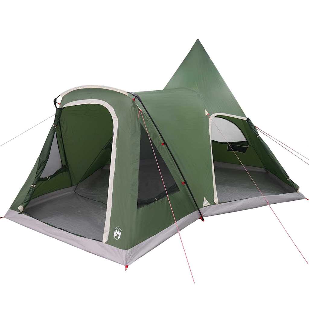 Zijaanzicht van de vidaXL Teepee Tent in groen, met open ingangen en tentstokken.