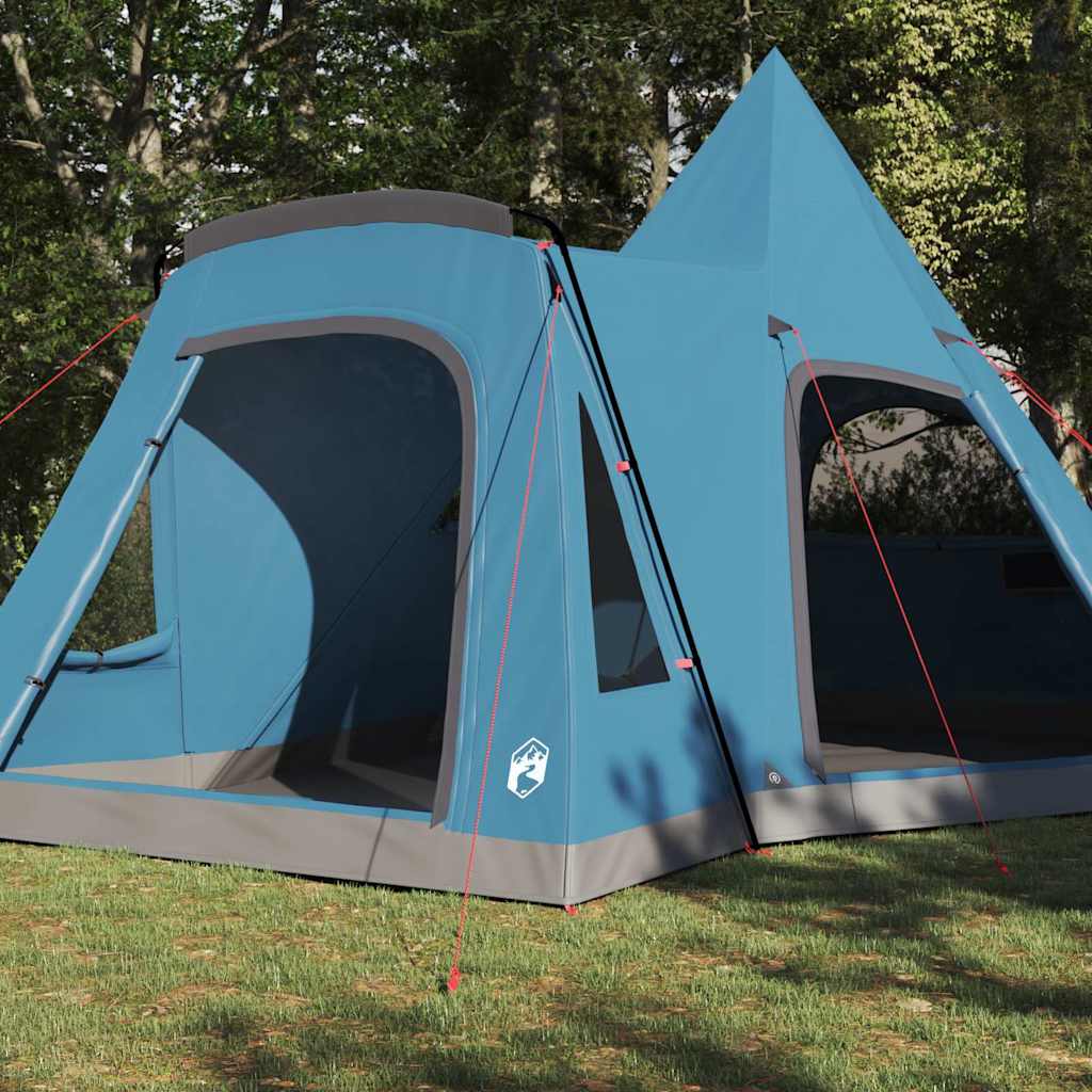 Detail van de blauwe vidaXL Teepee Tent met openingen en stevige stokken.