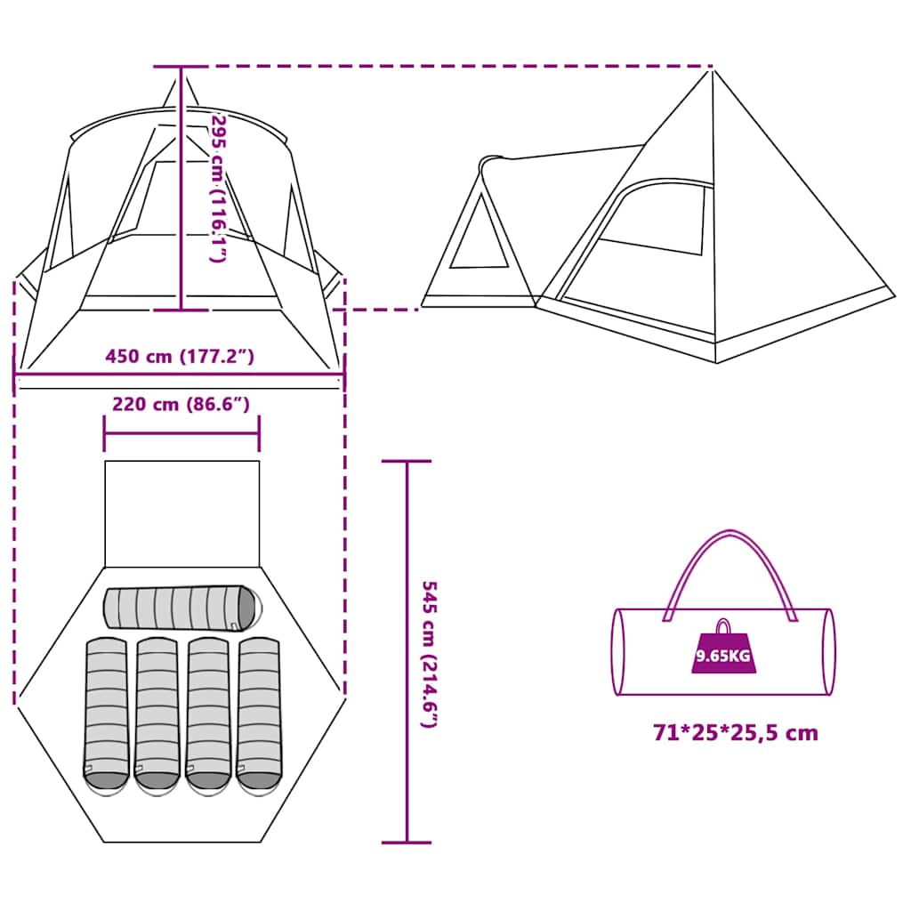 Detail van de afmetingen en indeling van de vidaXL Teepee Tent 5-Person.