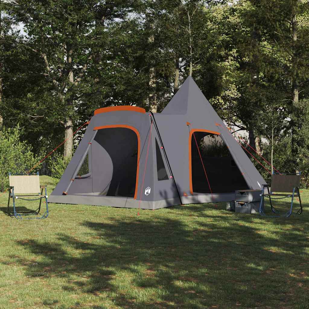 Grijze en oranje vidaXL Teepee Tent voor 5 personen, opgezet in een groene omgeving.