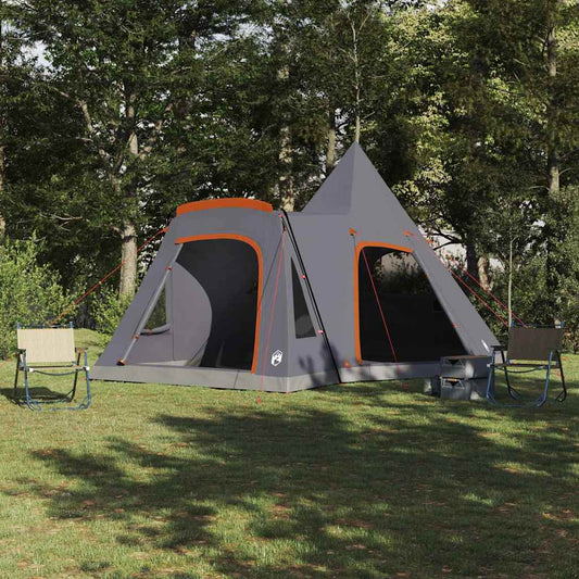 Grijze en oranje vidaXL Teepee Tent voor 5 personen, opgezet in een groene omgeving.