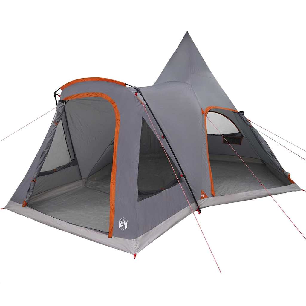 Zijaanzicht van de vidaXL Teepee Tent in grijs met oranje details en open ingangen.