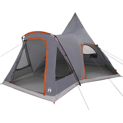 Zijaanzicht van de vidaXL Teepee Tent in grijs met oranje details en open ingangen.