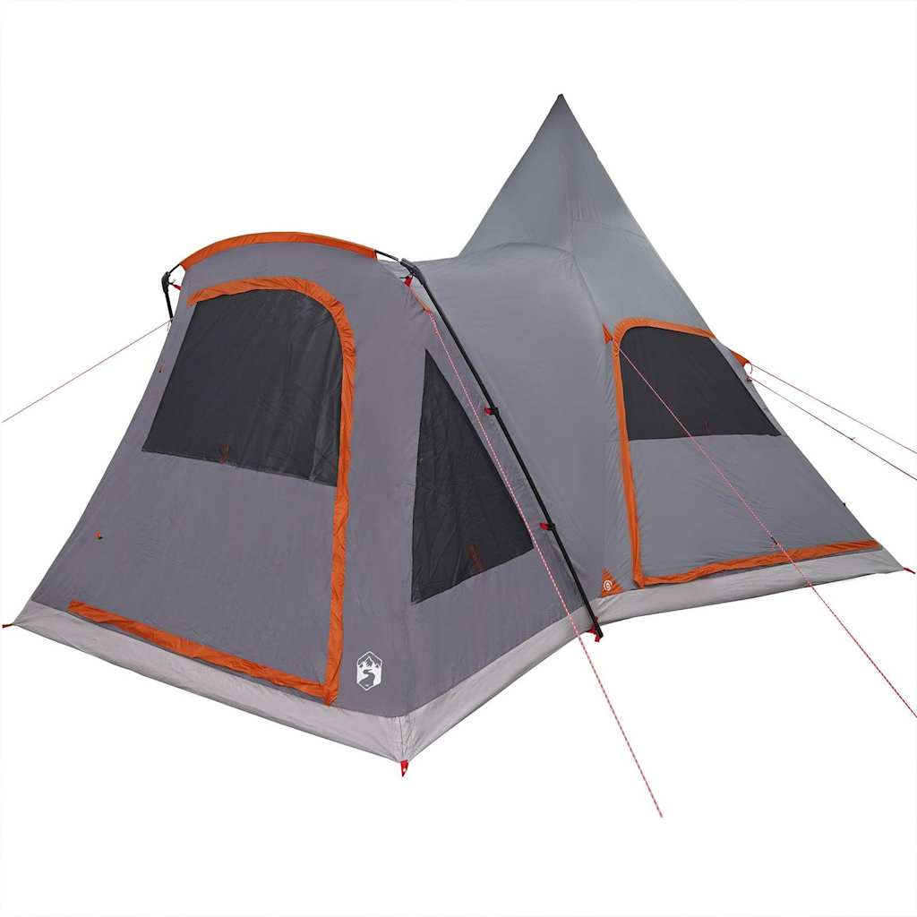 Detail van de vidaXL Teepee Tent in grijs en oranje, met zijaanzicht en ventilatieroosters.