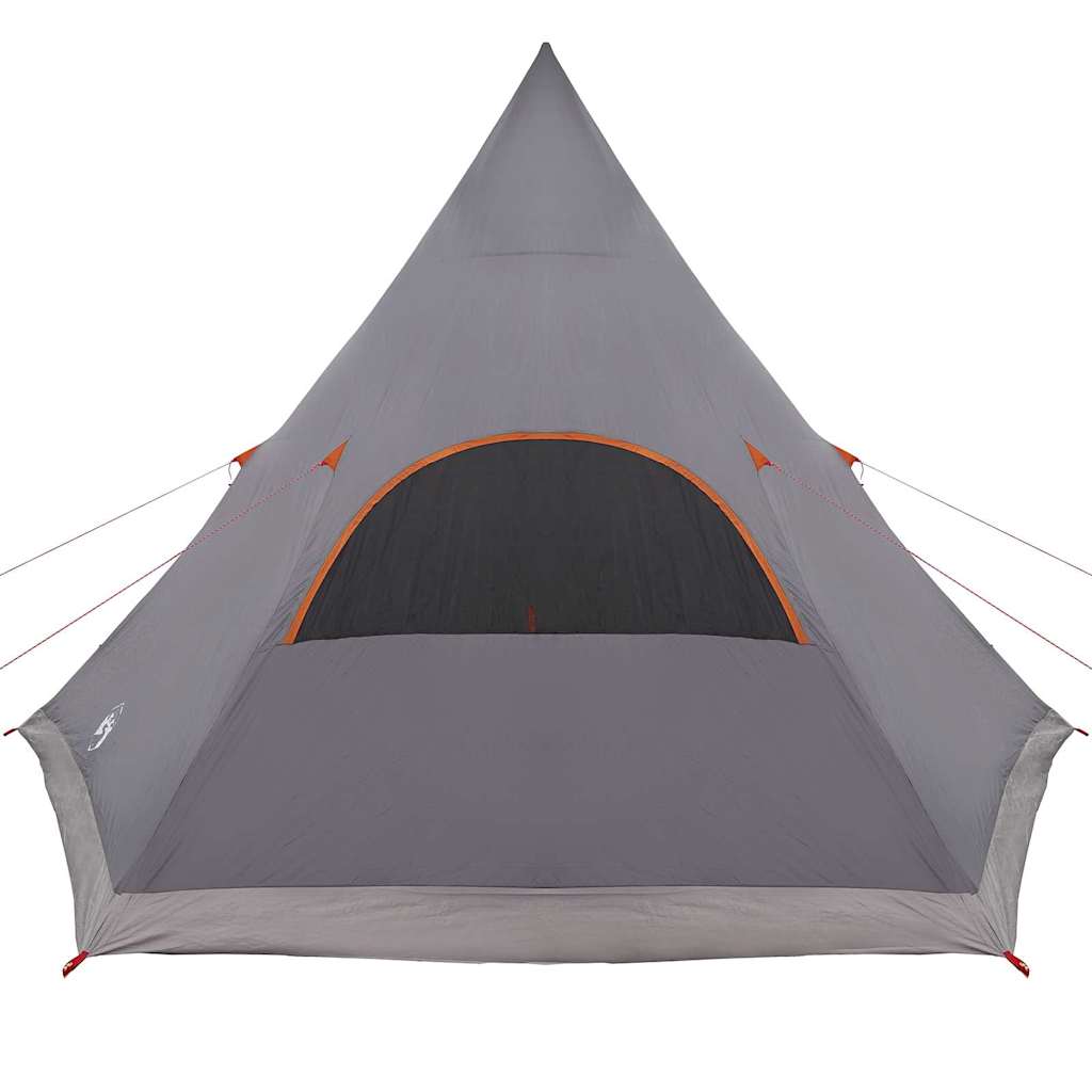 Zijaanzicht van de vidaXL Teepee Tent in grijs met oranje details en een grote ingang.