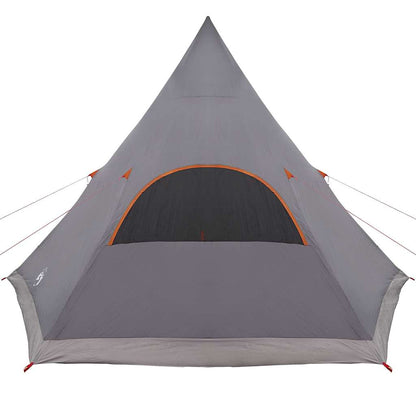 Zijaanzicht van de vidaXL Teepee Tent in grijs met oranje details en een grote ingang.